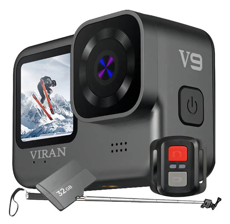 Câmera Sport 4k Viran V9 60fps Controle Wifi + 32gb + Bastão Cor Preto