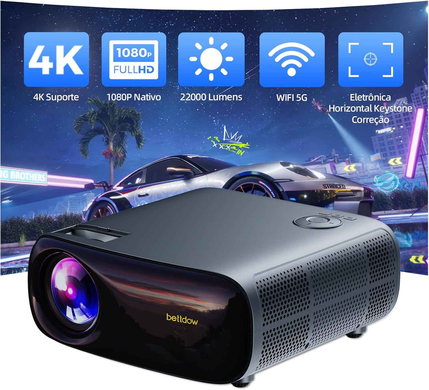 Bettdow Projetor 4k 22000 Lumens Full Hd 1080p Compatível Com Android 9, Smart Projetores Retroprojetor Portátil 650 ANSI WiFi 2.4G+5G